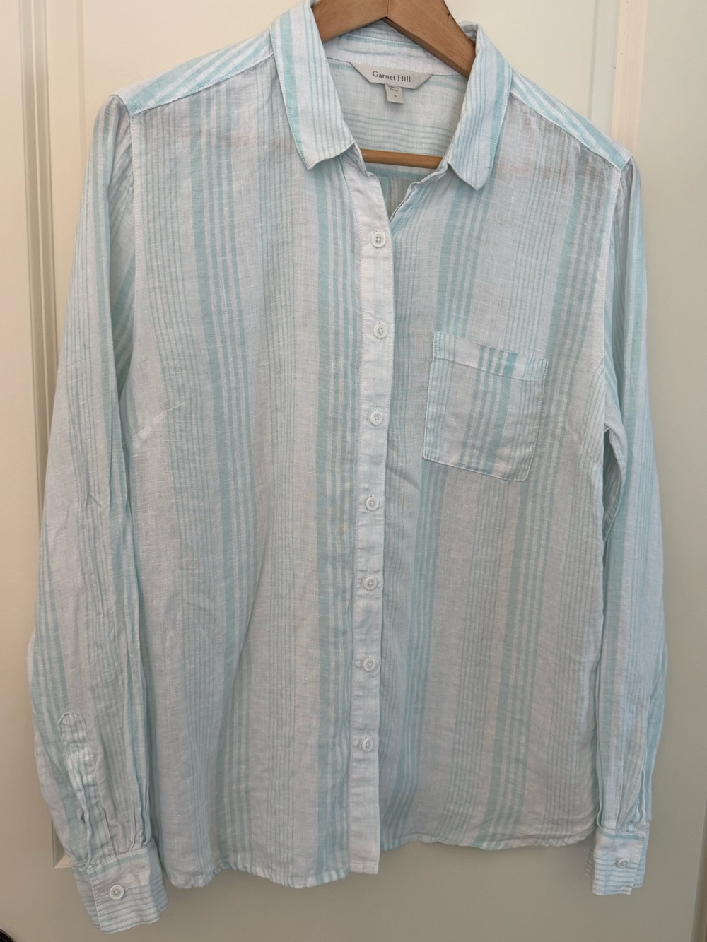 Garnet Hill Mint Blue Striped Easy Linen Button Down Shirt Size 6 Coastal Easy